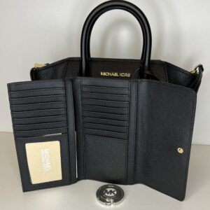 Michael Kors MICHAEL Michael Kors Avril Small Logo Top-Zip Satchel bundled with Trifold Wallet Purse Hook (Black)