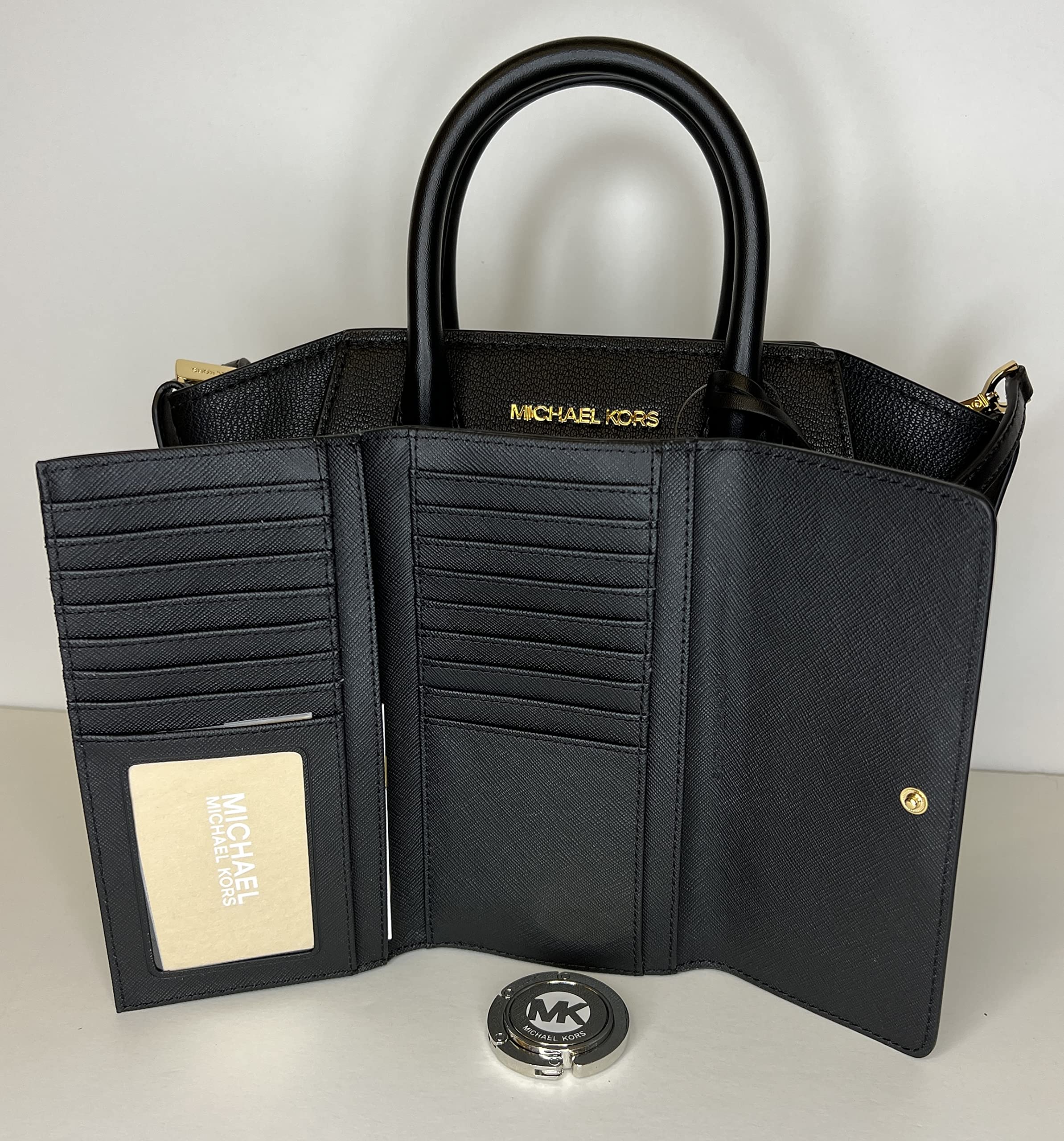 Michael Kors MICHAEL Michael Kors Avril Small Logo Top-Zip Satchel bundled with Trifold Wallet Purse Hook (Black)