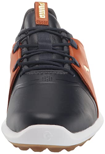 PUMA Men's Ignite Fasten8 Crafted Golf Shoe, Navy Blazer/Gold/Leather Brown, 9.5