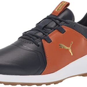 PUMA Men's Ignite Fasten8 Crafted Golf Shoe, Navy Blazer/Gold/Leather Brown, 9.5