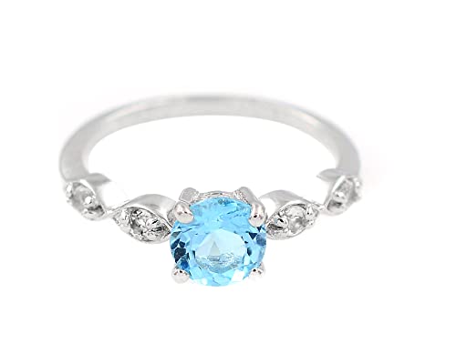 6 MM Round Cut Natural Swiss Blue Topaz Gemstone 925 Sterling Silver December Birthstone Solitaire Unisex Proposal Ring For Christmas Gift (Rose Gold Rhodium Plated Silver, 6)