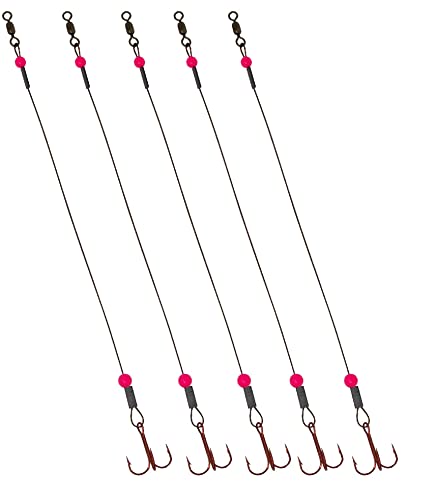 Tooth Shield Tackle Ice Fishing Tip Up Leader/Rig (90 lb) / Ice Fishing Sucker Walleye Pike Musky Predator Rig (5 Pack) [Pink Bead] (Hook Size: 2)