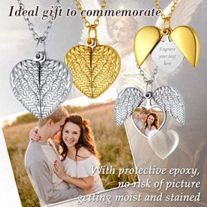 FindChic Personalized Heart Locket Necklace Angel Wings Pendant with Photo Printing Platinum Plated Dainty Custom Full Color Picture Memorial Jewelry for Women Mom Loss of Father Gift