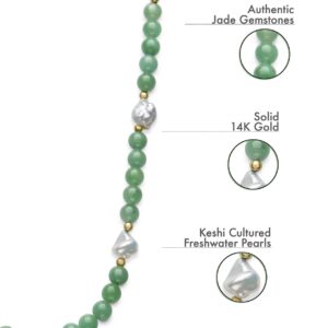 14k Yellow Gold Natural Green Jade and Keshi Freshwater Pearl Necklace for Women (18")