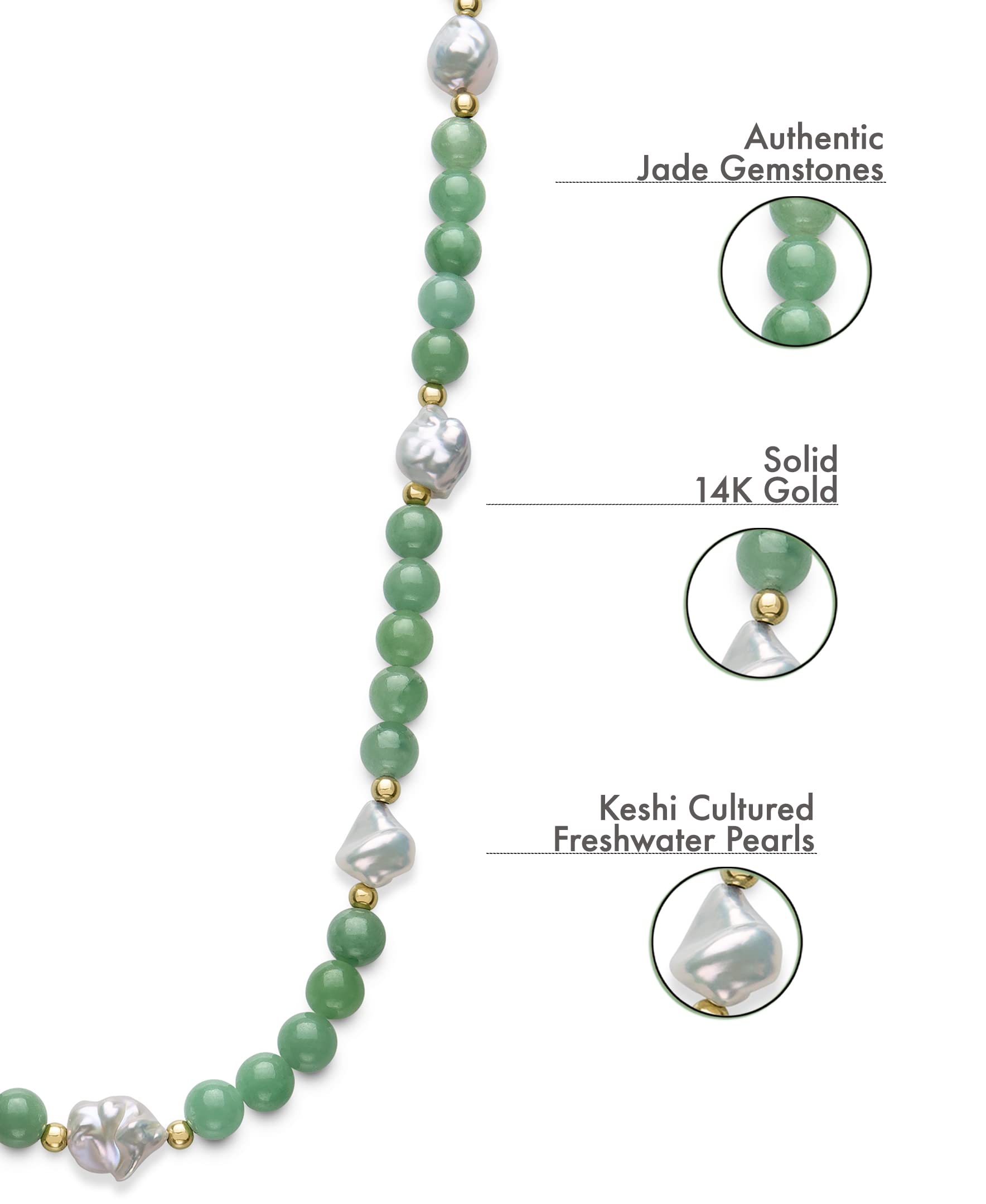 14k Yellow Gold Natural Green Jade and Keshi Freshwater Pearl Necklace for Women (18")