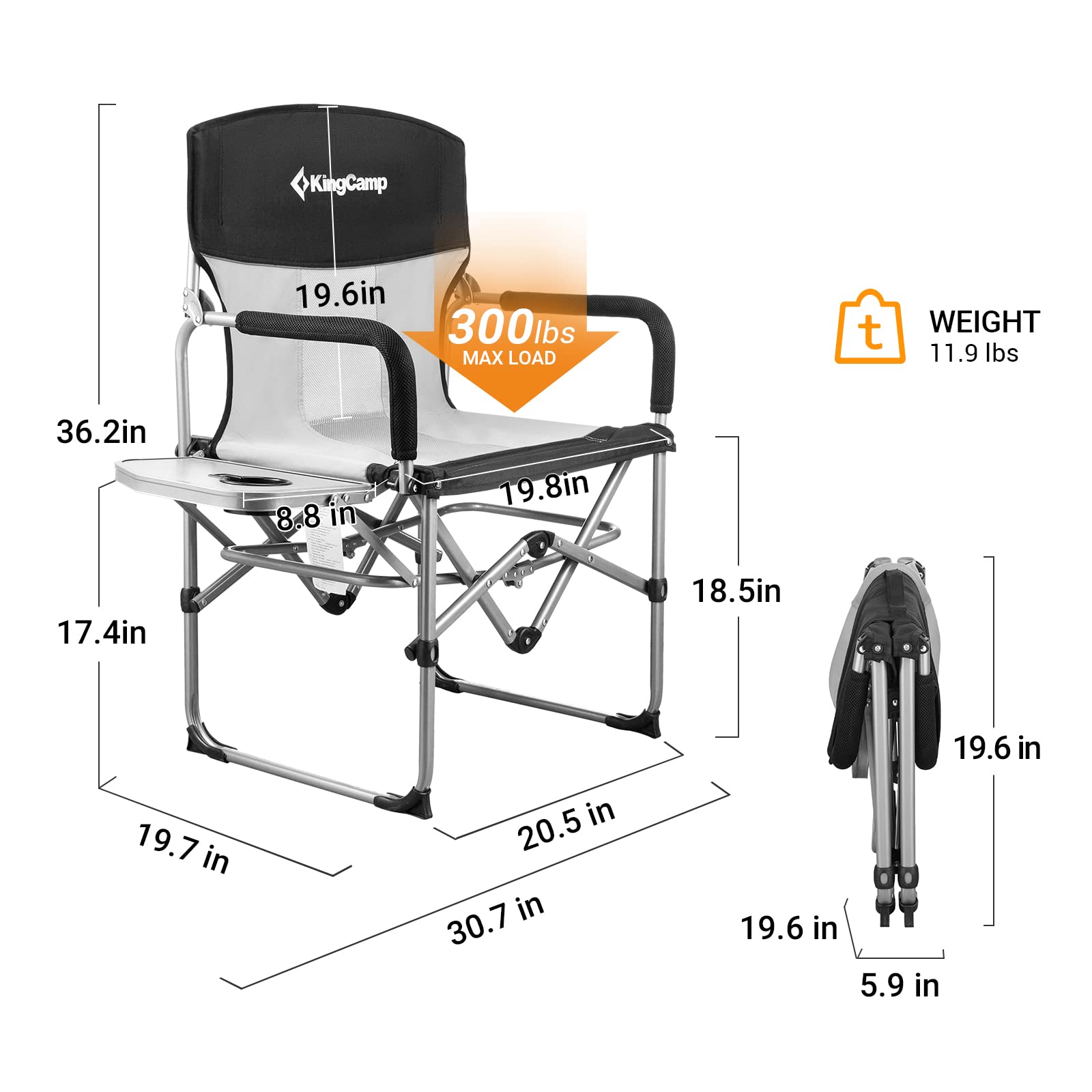 KingCamp Camping Chairs, Directors Chairs Foldable with Side Table, Heavy Duty Patio Chairs for Outside with Small Folding Size for Camp, Patio, Lawn, Garden, Beach, Trip, Easy Carry, Supports 300 lbs