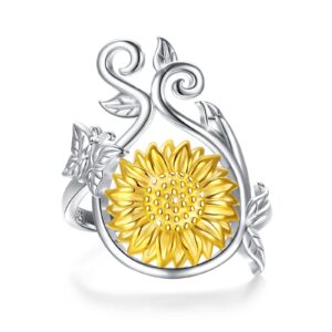 Sunflower Ring for Women S925 Sterling Silver You Are My Sunshine Positive Meaning Sunflower Jewelry Gifts for Mom Wife Daughter Sister