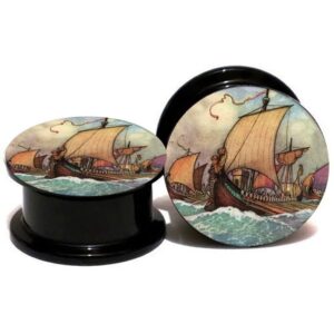 pierced republic old time sailing ship ear gauges - pair of screw-on acrylic ear plugs - 8 size options (0 gauge (8mm))