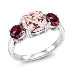 Gem Stone King 925 Sterling Silver Peach Nano Morganite and Red Rhodolite Garnet 3 Stone Engagement Ring For Women (3.20 Cttw, Gemstone October Birthstone, Cushion 8MM, Size 9)