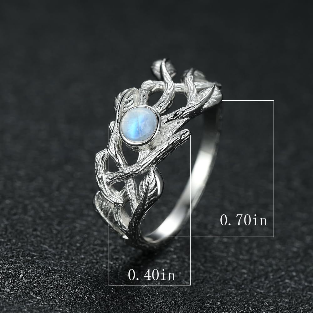 Angol Genuine Moonstone Ring Sterling Silver Leaf Moonstone Ring Statement Band Finger Minimalist Ring for Women with Gift Box (9)