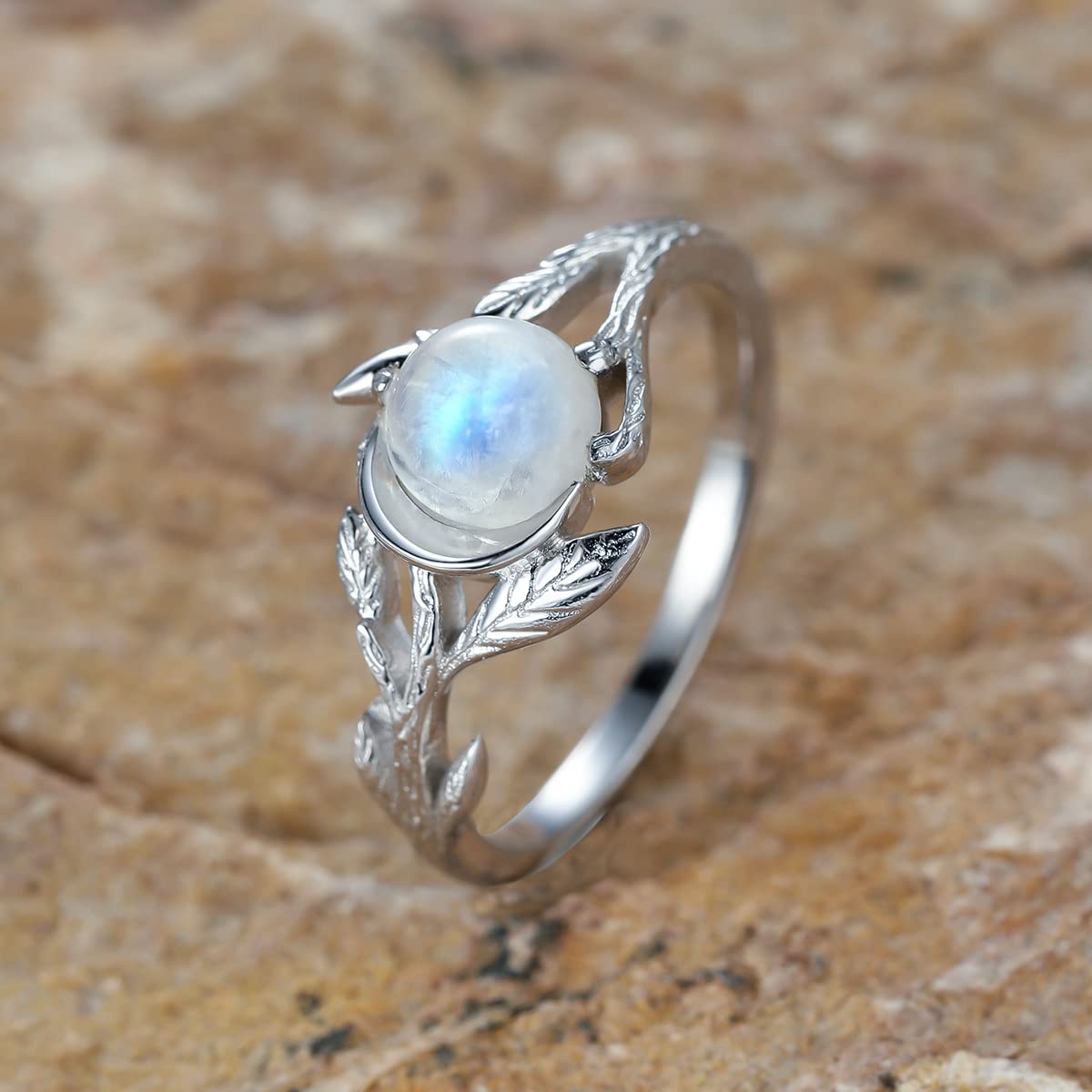 Angol Genuine Moonstone Ring for Women Sterling Silver Moonstone Moon Sun Ring Minimalist Statement Band Finger Ring with Box (7)