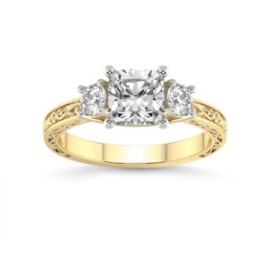 3 ct IGI Certified Cushion Shape Lab Grown Diamond Ring | 14K Or 18K White, Yellow Or Rose Gold | Valencia Three Stone Vintage Ring | FG-VS1-VS2 Quality Friendly Diamonds