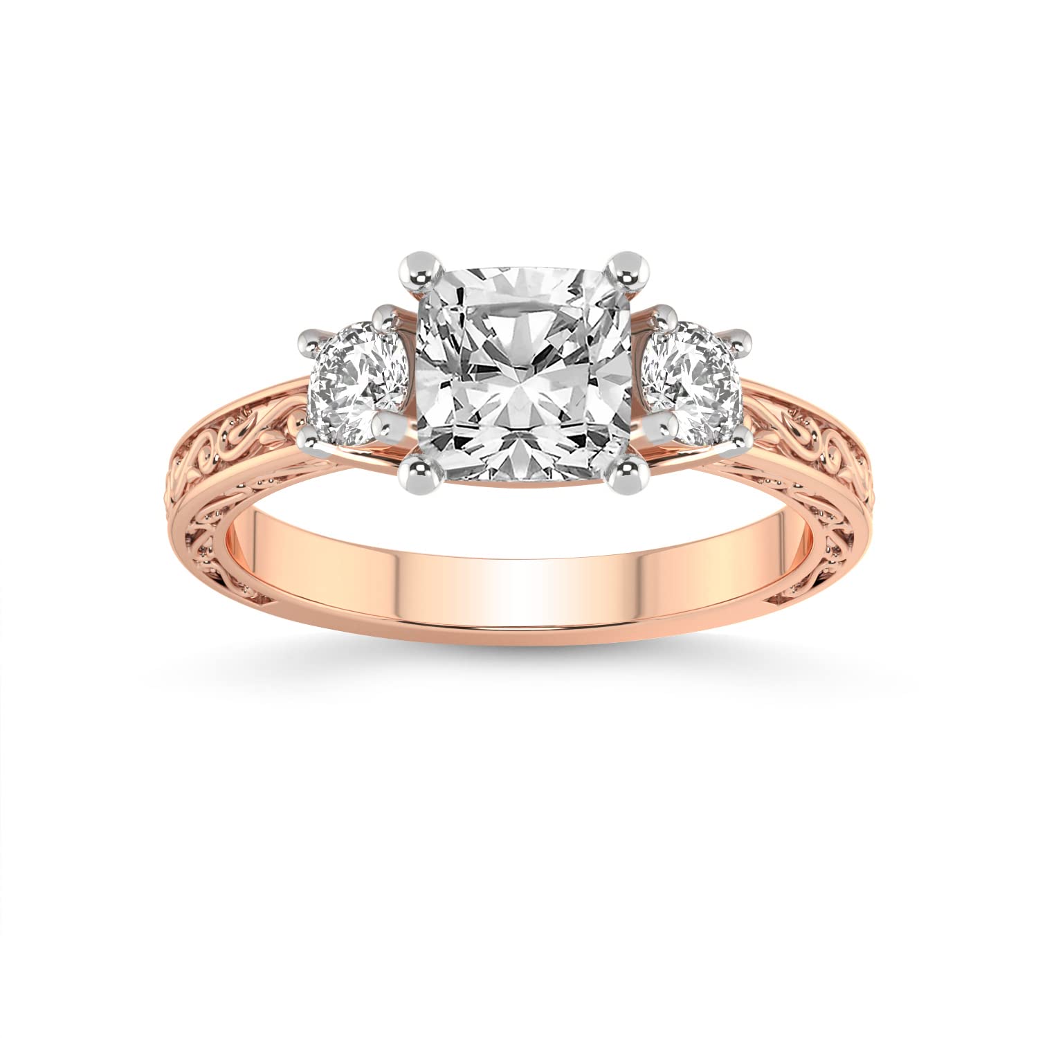 3 ct IGI Certified Cushion Shape Lab Grown Diamond Ring | 14K Or 18K White, Yellow Or Rose Gold | Valencia Three Stone Vintage Ring | FG-VS1-VS2 Quality Friendly Diamonds