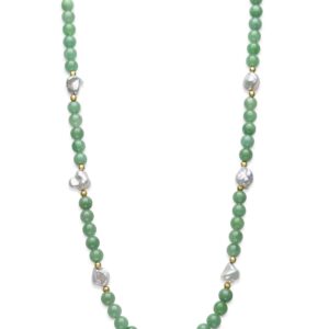 14k Yellow Gold Natural Green Jade and Keshi Freshwater Pearl Necklace for Women (18")