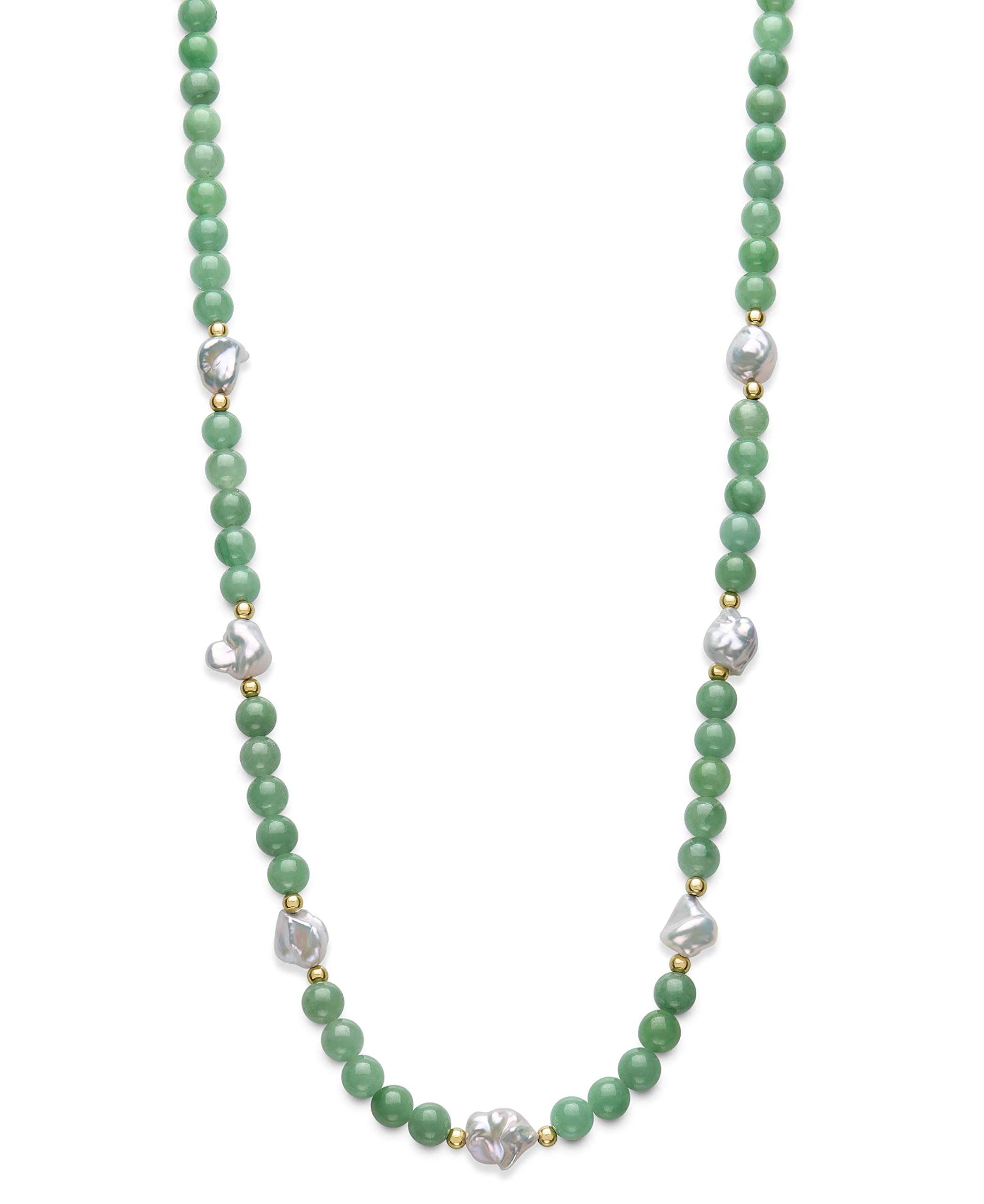 14k Yellow Gold Natural Green Jade and Keshi Freshwater Pearl Necklace for Women (18")