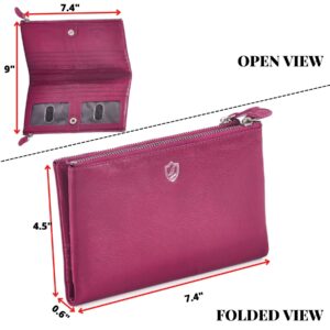 Women Wallet Real Leather Bifold RFID Blocking Clutch Multi Card Case Organiser Pen Mobile Holder Double Zip Compartment pocket with 2 ID Window in Gift Box (Nappa, Fuchsia Pink)