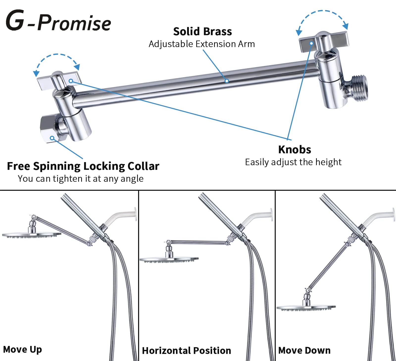 G-Promise All Metal Dual Shower Head Combo | 8" Rainfall Shower Head, Handheld Shower Wand | Smooth 3-way Diverter | with Adjustable Extender - An Upgrade of Shower Experience (Polished Chrome)