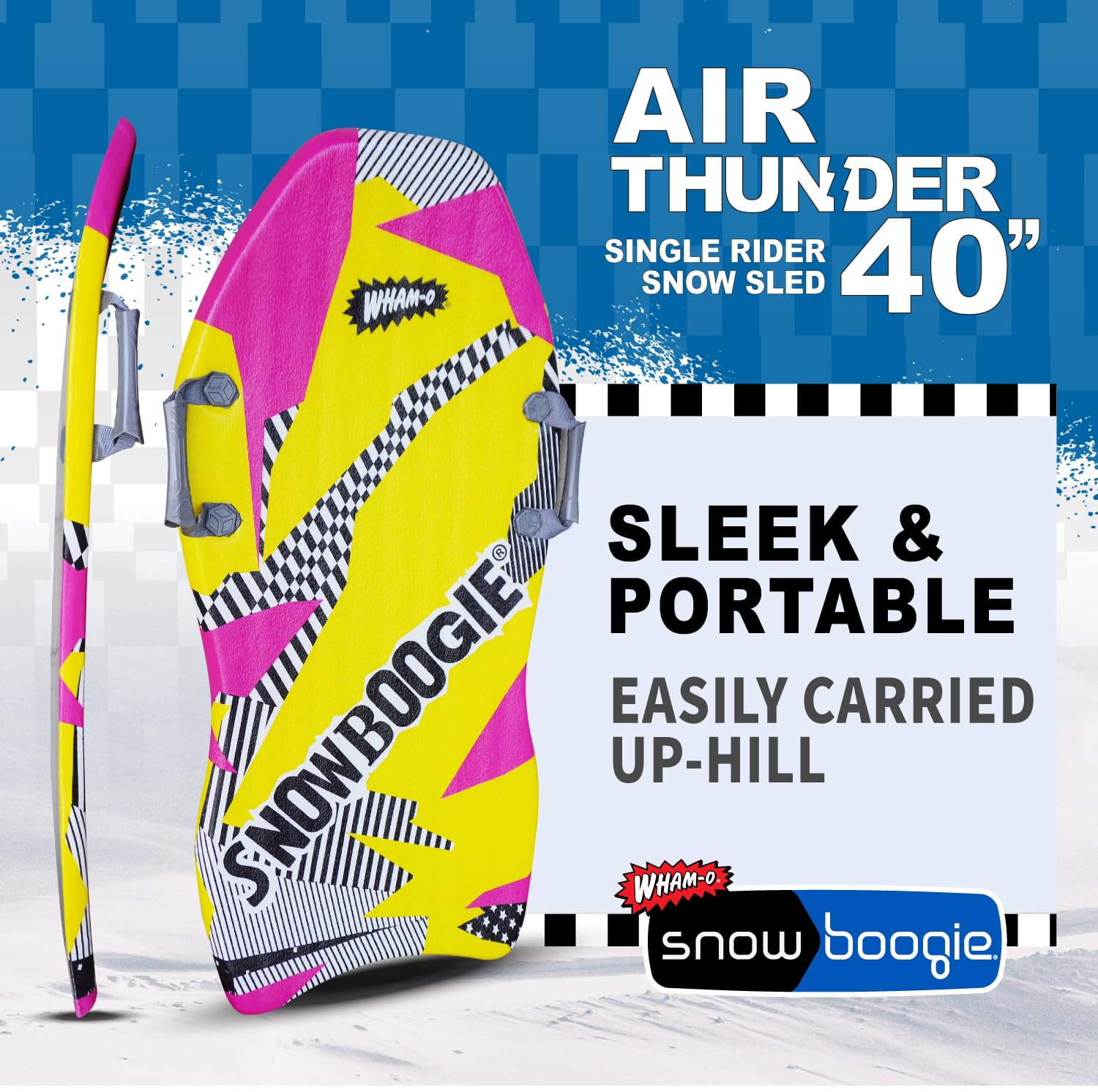 Snowboogie Wham-O Air Thunder 40" | Single Rider Snow Sleds with Side Handles | PE Foam Core for Better Comfort | Snow Sledding for Adults & Children (40 inches) (Yellow Pink)