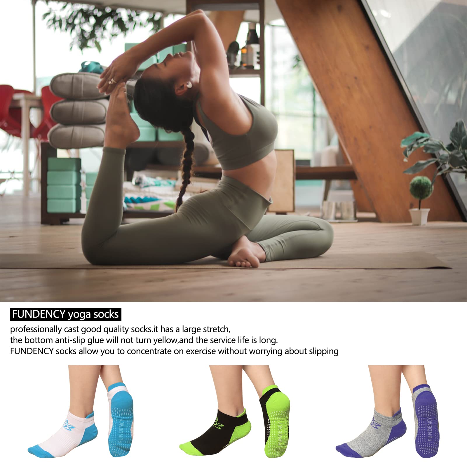 FUNDENCY 6 Pairs Non Slip Yoga Socks for Women, Anti-Skid Socks for Pilates Bikram Fitness Socks with Grips