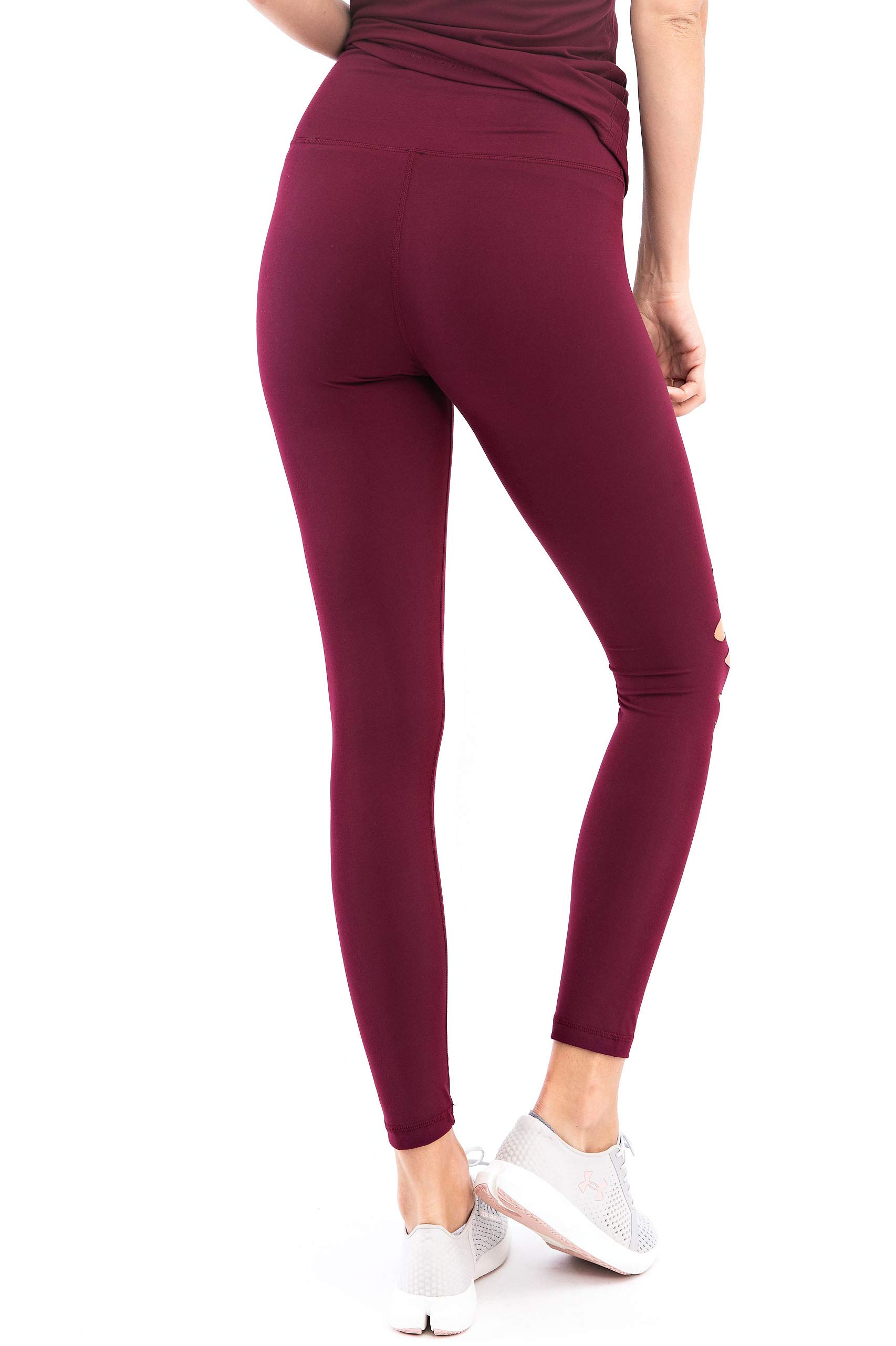 Hype Up Women's High Waisted Ripped Super Buttery Soft Active Wear Full Length Leggings with Inner Pocket (S-3X) Burgundy