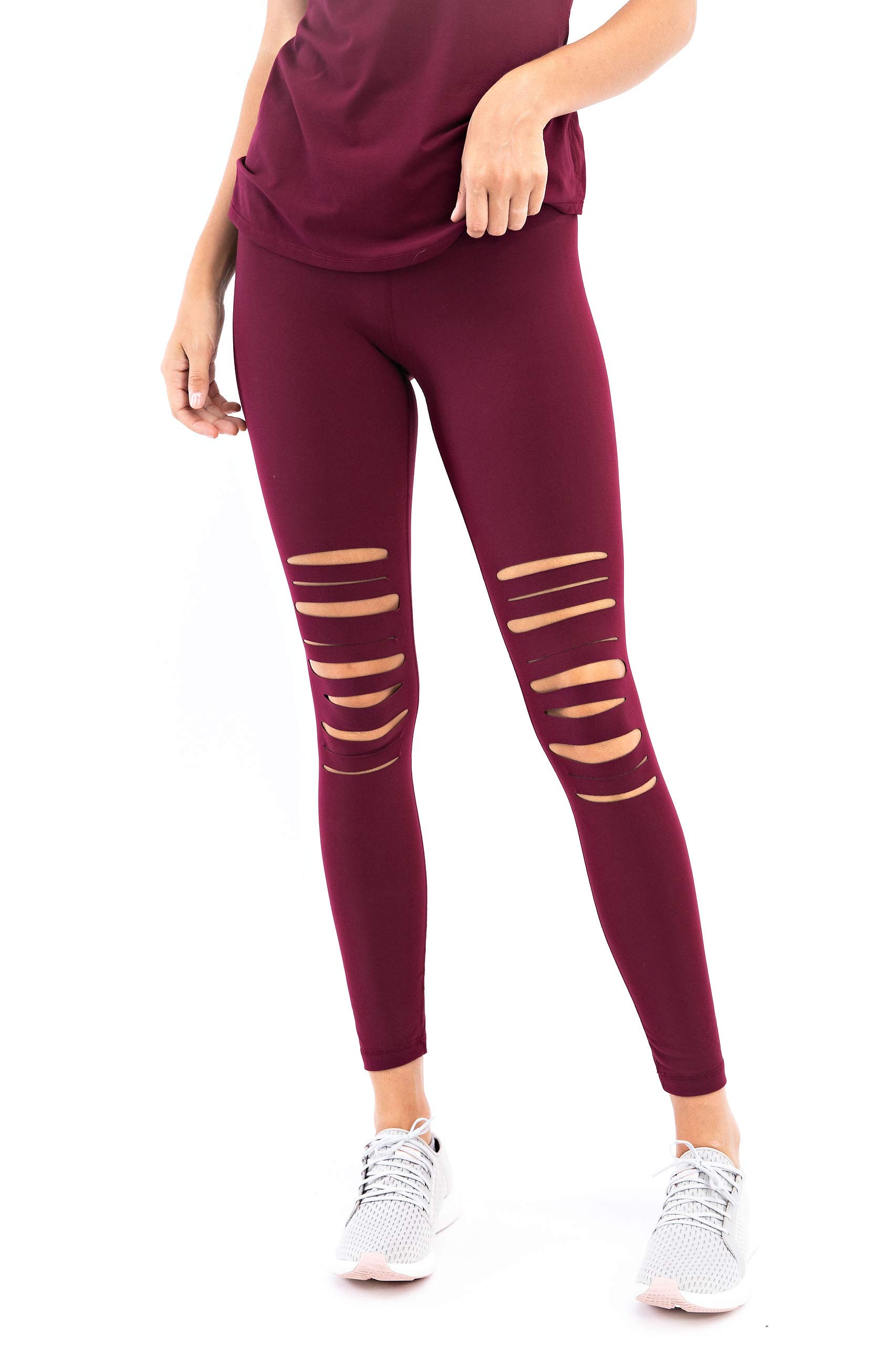 Hype Up Women's High Waisted Ripped Super Buttery Soft Active Wear Full Length Leggings with Inner Pocket (S-3X) Burgundy