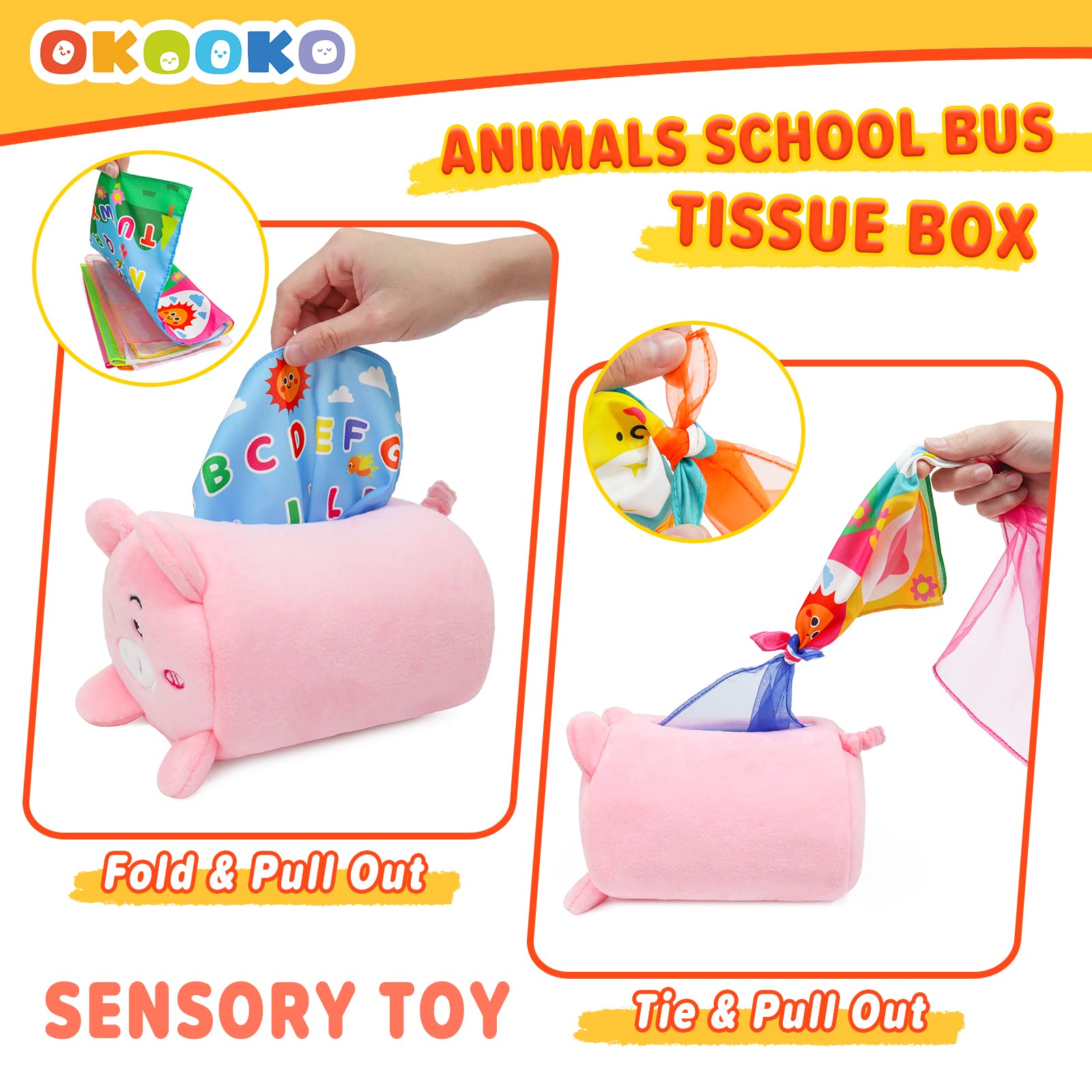 OKOOKO Tissue Box Toy for Baby 6 to 12 Months Soft Stuffed Sensory Toy Strengthen Pincer Grasp Montessori Early Educational Preschool Learning Toy for Newborn Baby Infant Toddler Kid