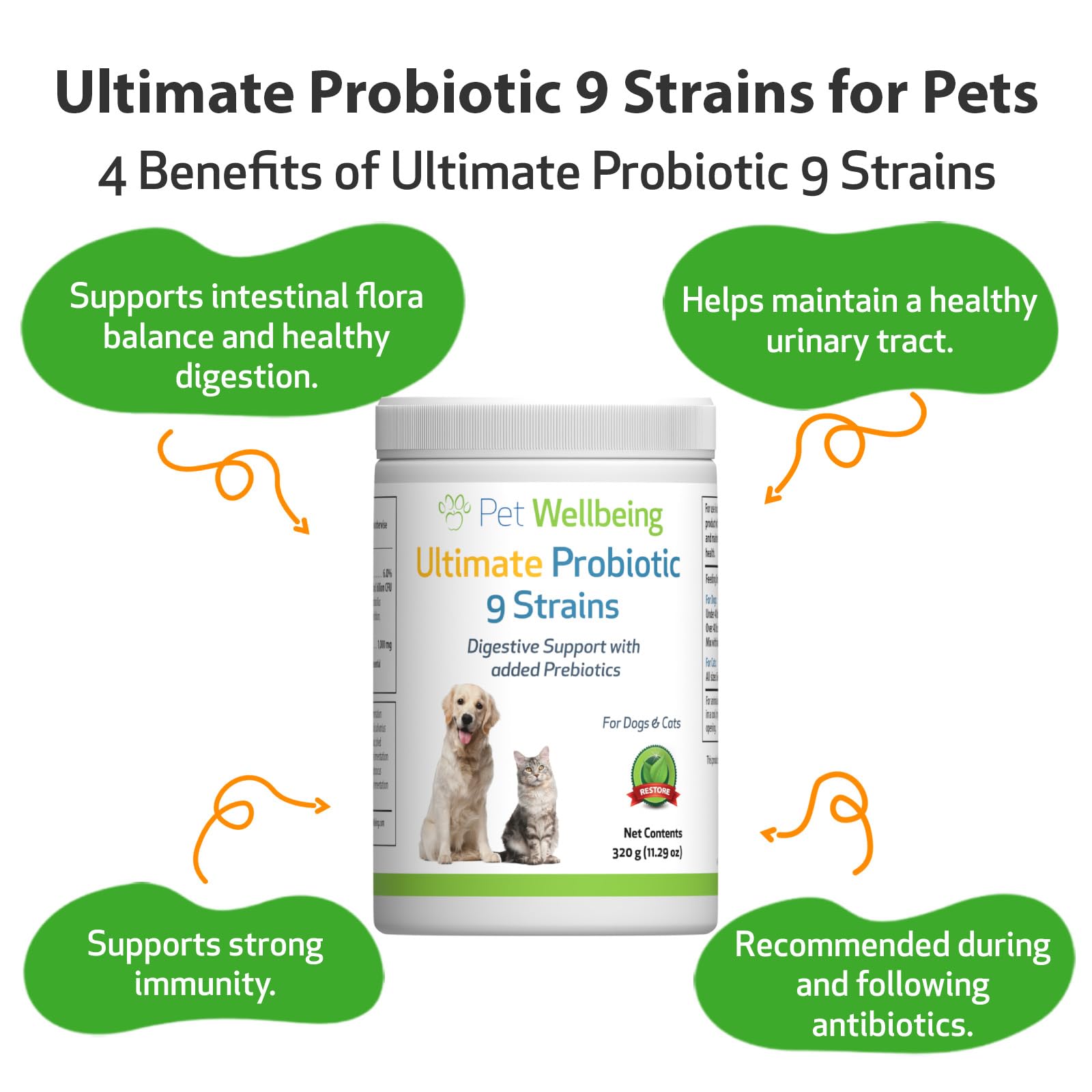 Pet Wellbeing Ultimate Probiotic 9 Strains for Dogs & Cats - Healthy Digestion, Immune Support, Urinary Tract Health - 11.29 oz (320 g) Powder