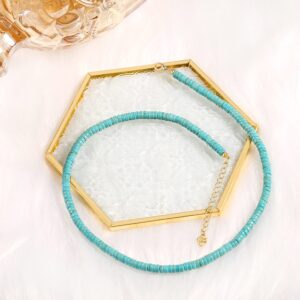 CANEVINKA Turquoise Gemstone Beaded Chain Necklace Boho Vintage Handmade Blue Turquoise Choker Necklace for Women Adjustable 18K Gold Plated 15”