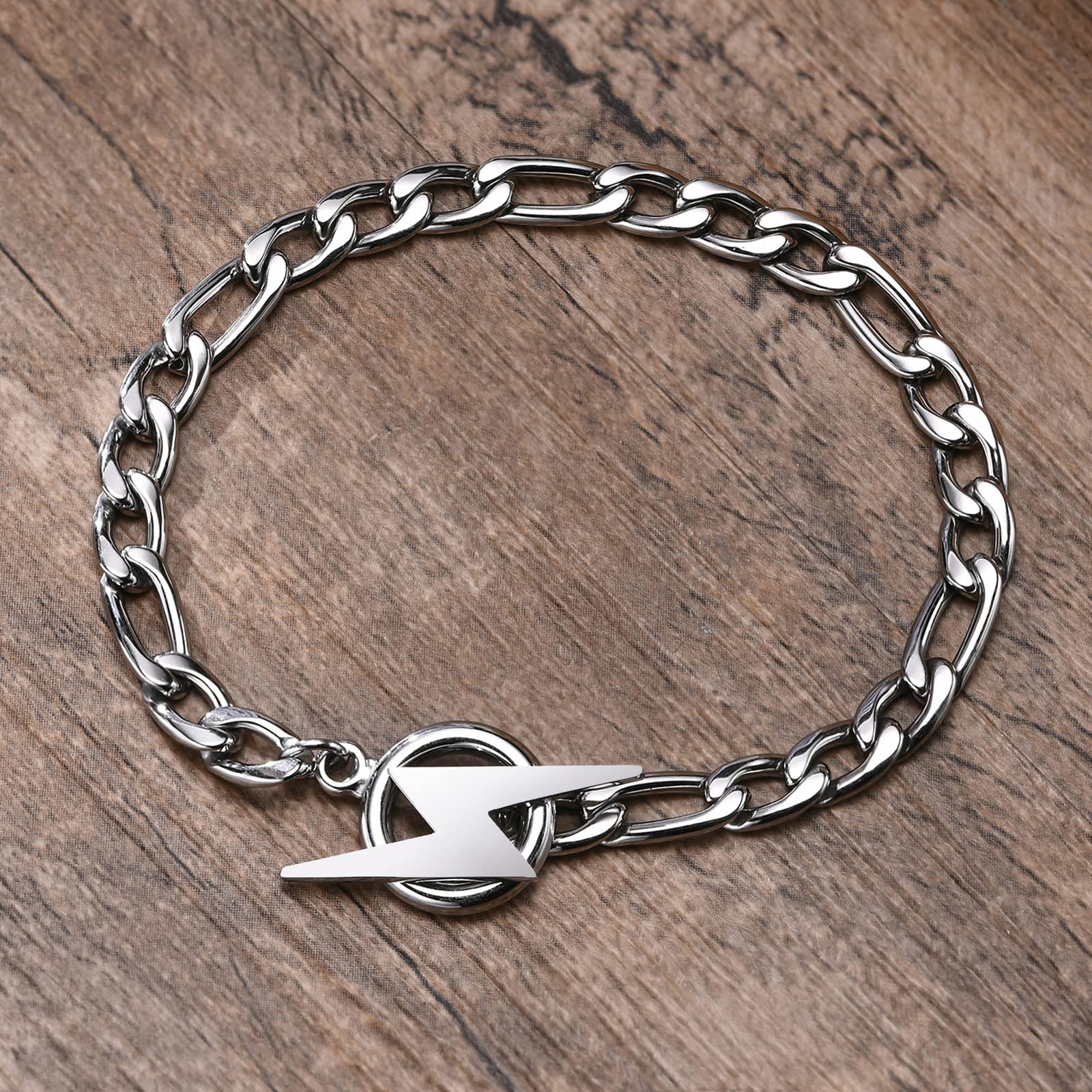 Hisatan Unisex Lightning Bolt Charm Bracelet | Stainless Steel Lightning Flash Thunder Figaro Chain Bracelet for Men Women