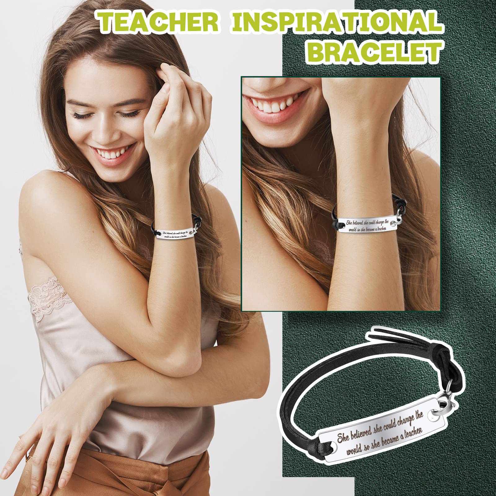 MTLEE 6 Pcs Teacher Bracelet Appreciation Gifts for Her, Teacher Birthday Gifts Bangle Inspirational Gifts for Women Men Teacher (Black and Silver)