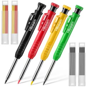 hiboom 4 pcs mechanical carpenter pencils with 28 pcs refills, deep hole marker set built in sharpener, woodworking scribe tools for construction drafting architect (black, green, red, yellow)