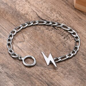 Hisatan Unisex Lightning Bolt Charm Bracelet | Stainless Steel Lightning Flash Thunder Figaro Chain Bracelet for Men Women