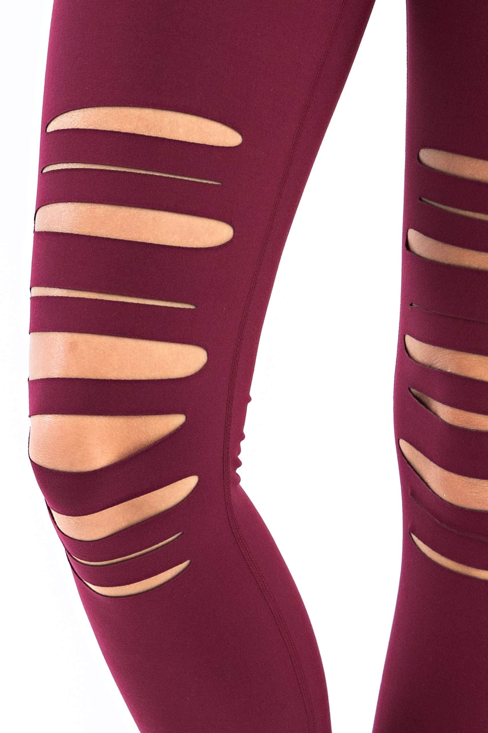 Hype Up Women's High Waisted Ripped Super Buttery Soft Active Wear Full Length Leggings with Inner Pocket (S-3X) Burgundy