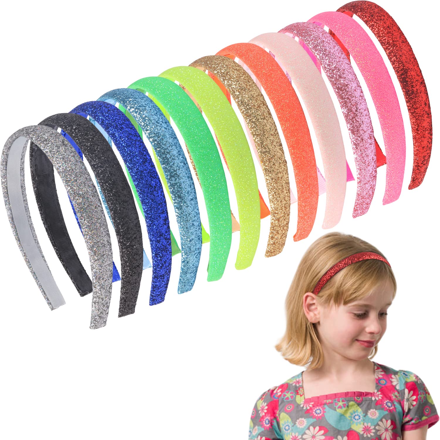 12 Colors Sparkle Plastic Headbands For Girls,Glitter 2 cm Thin Head Bands No Slip Fashion Girls Hard Toddler Hairbands