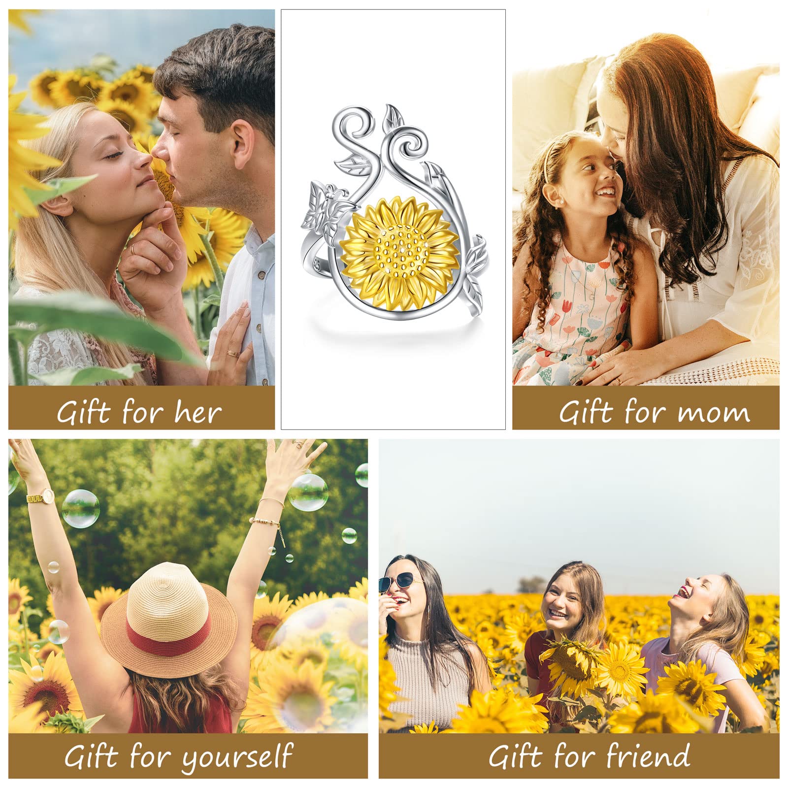 Sunflower Ring for Women S925 Sterling Silver You Are My Sunshine Positive Meaning Sunflower Jewelry Gifts for Mom Wife Daughter Sister