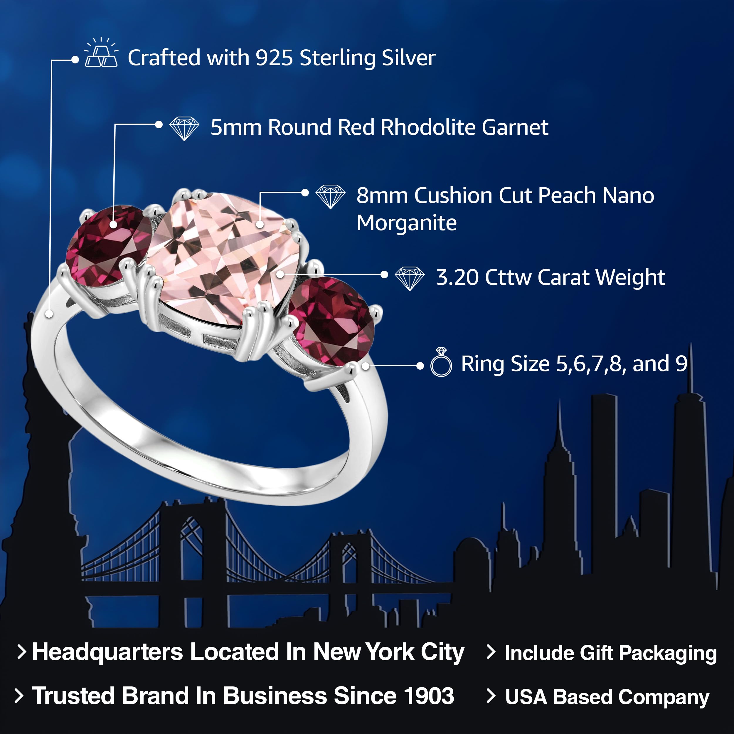 Gem Stone King 925 Sterling Silver Peach Nano Morganite and Red Rhodolite Garnet 3 Stone Engagement Ring For Women (3.20 Cttw, Gemstone October Birthstone, Cushion 8MM, Size 9)