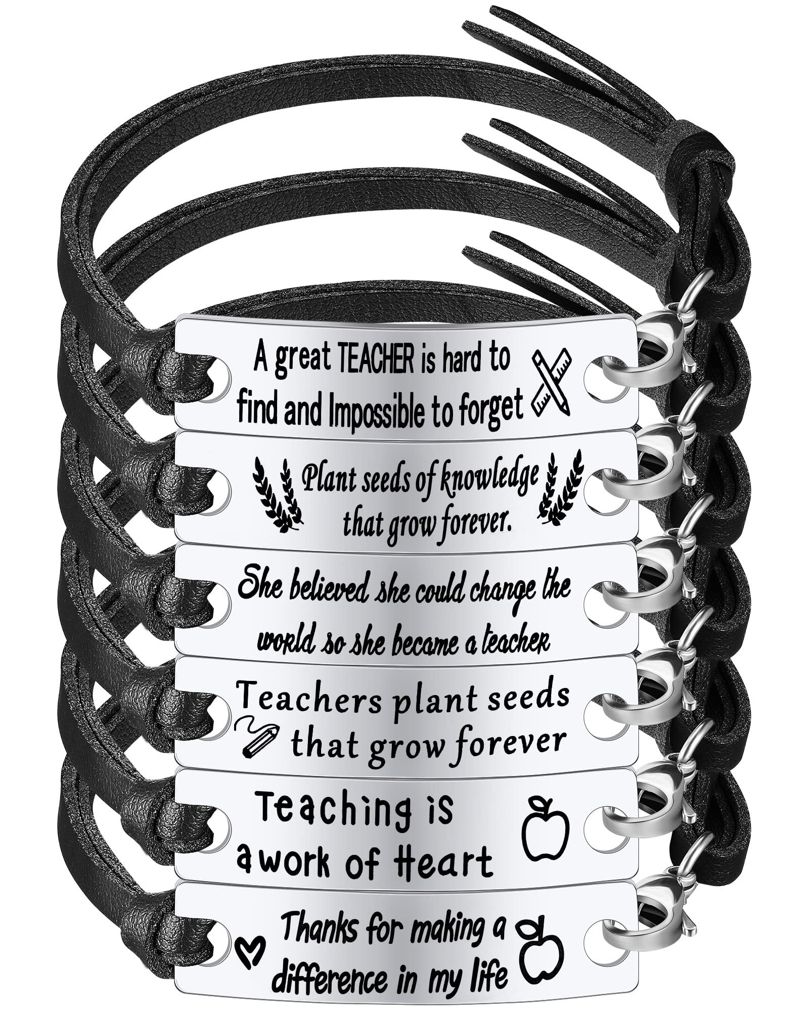 MTLEE 6 Pcs Teacher Bracelet Appreciation Gifts for Her, Teacher Birthday Gifts Bangle Inspirational Gifts for Women Men Teacher (Black and Silver)