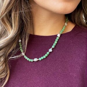 14k Yellow Gold Natural Green Jade and Keshi Freshwater Pearl Necklace for Women (18")