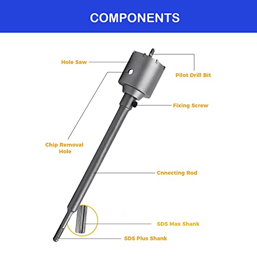 FF ERA 9PCS Concrete Hole Saw Kit - Tungsten Steel for SDS Plus and SDS MAX Shank - Masonry Wall Hole Opening Diamond Core Drill Bit - Hole Saw Set for Concrete Brick Cement Stone Tile Wall