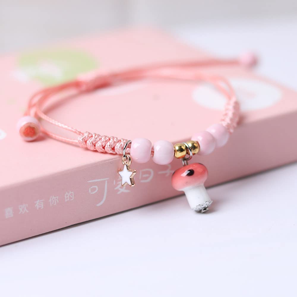 Pingyongchang 6Pcs Cute Funny Mushroom Bracelets Colorful Beaded Luck String Rope Chain Braided Bracelet Friendship Jewelry for Women