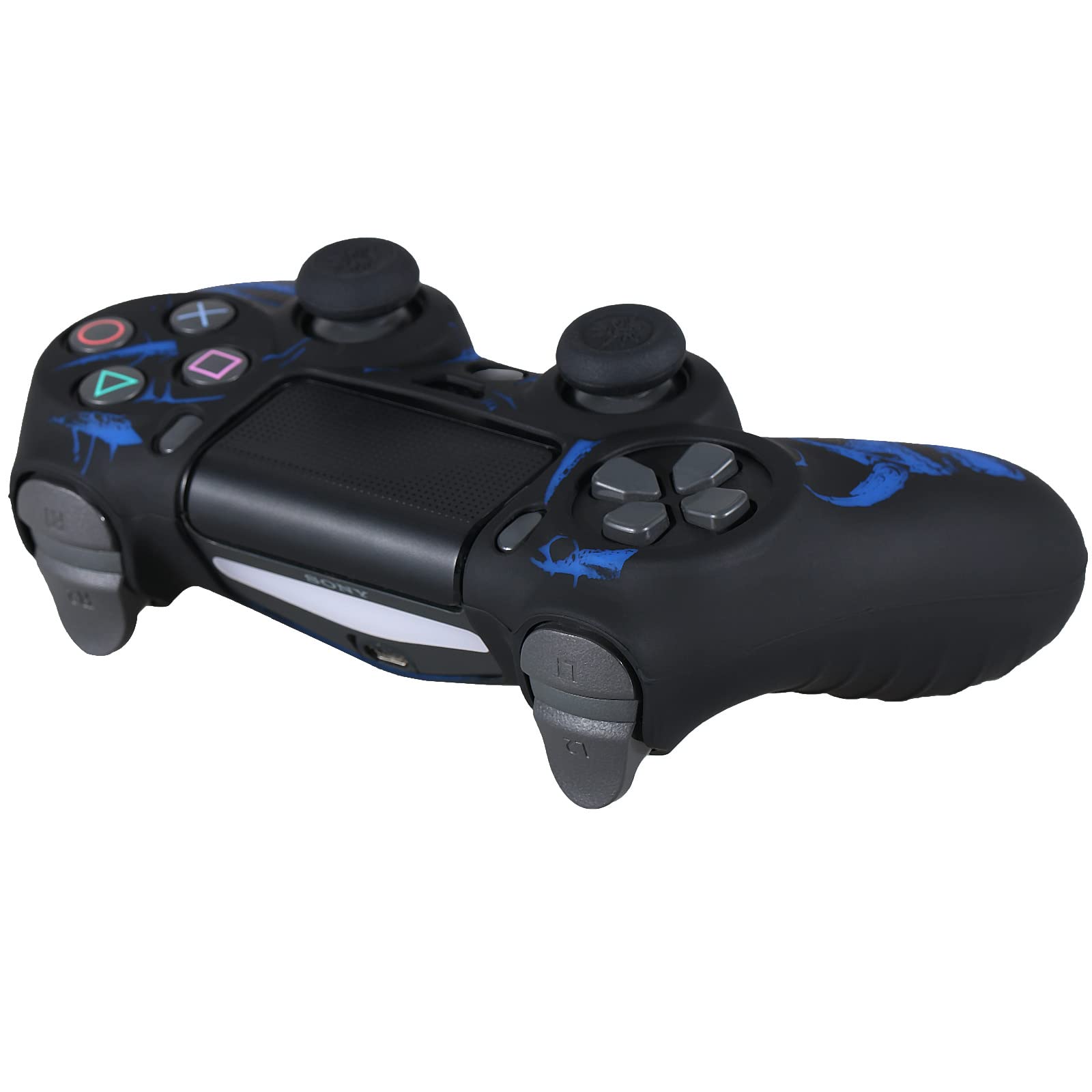 YoRHa Laser Carving Silicone Skin for PS4 Controller x 1(Skulls Blue) with Exclusive Thumb Grips x 8