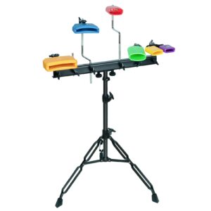 MUSCELL Jam Block Set Percussion Stand - Complete with Heavy Duty Mounting Bracket and Stand Included, 6 Different Coloured Jam Blocks Ideal for Professional Band, Beginners and Adults