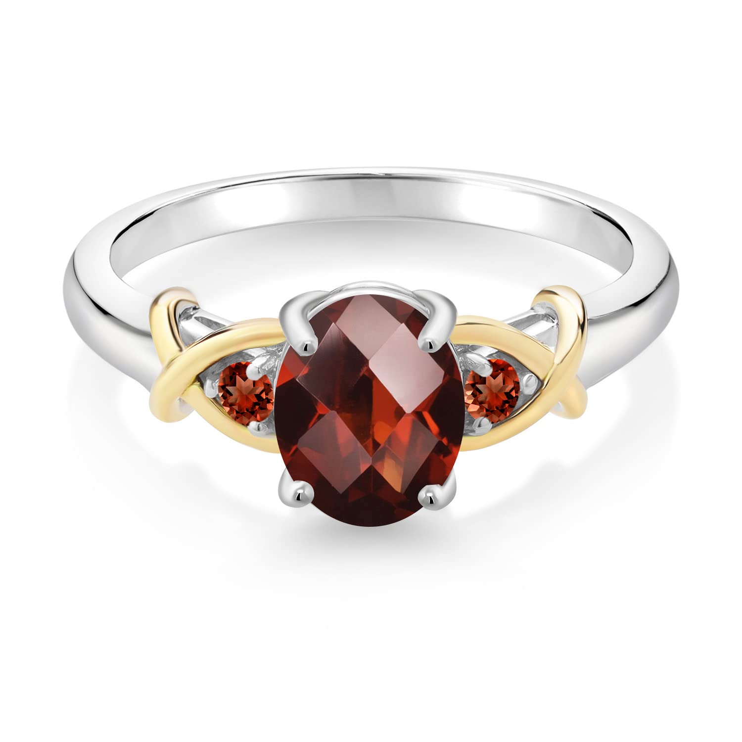 Gem Stone King 925 Silver and 10K Yellow Gold Oval Checkerboard Red Garnet Ring For Women (1.63 Cttw, Gemstone Birthstone, Available In Size 5, 6, 7, 8, 9)