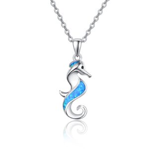 SeaHorse Pendant Necklace Sterling Silver Cute Animal Sea Horse Hippocampus Necklaces Jewelry Created Blue Opal & Cubic Zirconia Gifts for Women Sister Daughter