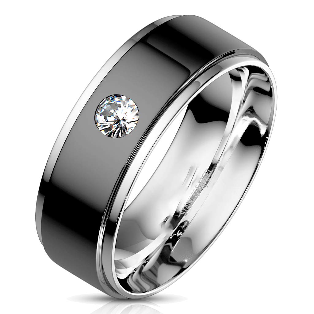 His and Hers TRIO Wedding Rings Set Her Sterling Silver Black Stainless Steel Band for Him