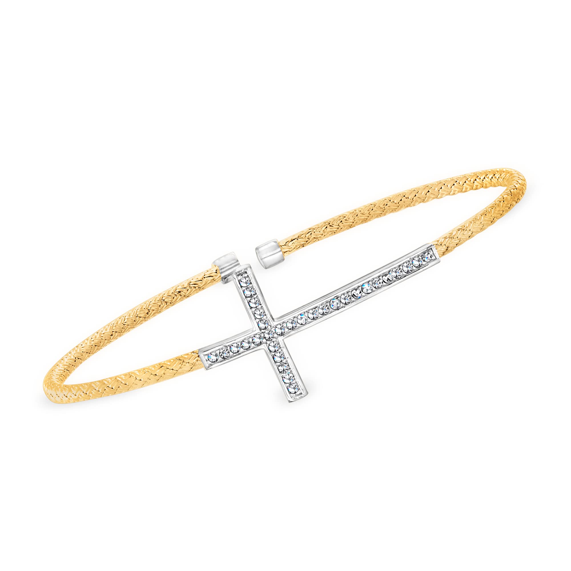 Charles Garnier .28 ct. t.w. CZ Cross Mesh Cuff Bracelet in 2-Tone Sterling Silver. 7.5 inches