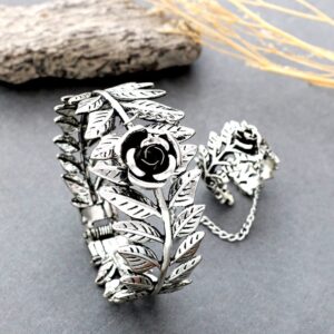 Asphire Gothic Leaf Vine Bracelet with Finger Ring Retro Silver Rose Slave Bracelet Punk Hip Hop Hand Finger Chain Harness Bracelet Jewelry for Women