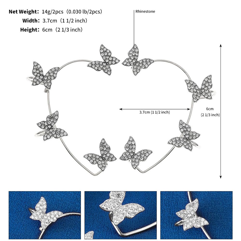 Asphire Glitter Rhinestone Butterfly Snowflake Ear Cuff 1 Pair Vintage Non-Piercing Fake Earrings Bridal Wedding Climber Ear Wrap Prom Ball Jewelry for Women(Butterfly)