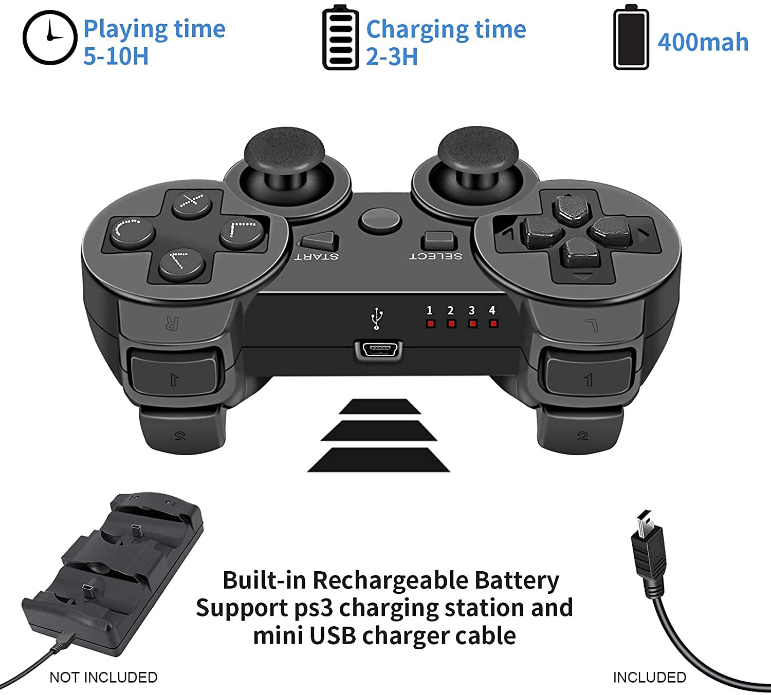 Rzzhgzq 2 Pack PS3 Wireless Controller Playstation 3 Controller Wireless Bluetooth Gamepad with USB Charger Cable for PS3 Console (Black+White)