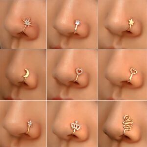 HMOOY 9Pcs Fake Nose Rings, Gold African Nose Cuff Non Piercing Clip On Nose Ring Nose Clip Nose Ring Fake Nose Ring Cuff Nose Clip Jewelry for Women Men (Gold)